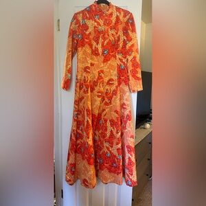 Vintage Concept 70s Swirl Hostess Dress Mandarin Collar Orange Print Size M/L 10